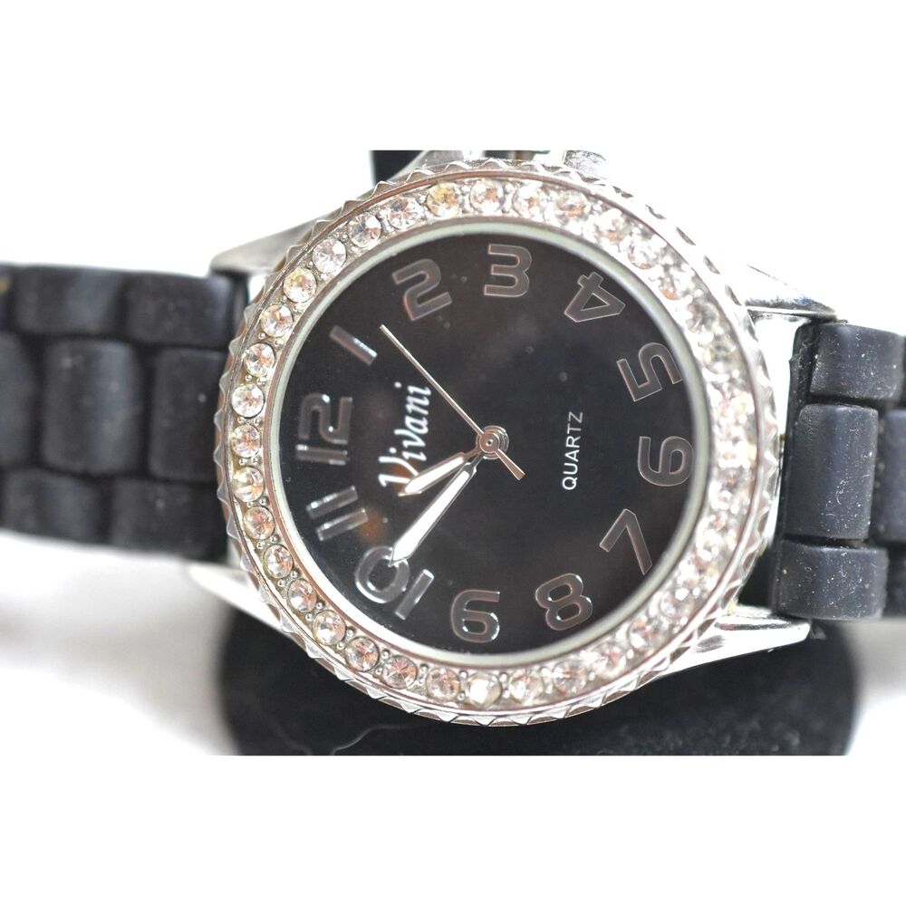 Vivani Rhinestone Accent Black Face Silicone Band New Battery Like New Watch
